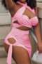 summer plus size 7 colors new stylish hollow out halter neck sexy two-piece set_White_Pink