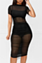 nightclub plus size  3 colors new stylish mesh see through sexy midi dress (three-piece set)_Black
