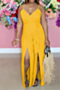 plus size s-3xl 3 colors solid color sling v-neck split pants fashion summer jumpsuit (with belt)_White_Yellow