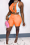 plus size 6 colors summer contrast color bandage hollow sexy two-piece set_Orange
