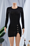autumn new plus size stretch knitted buttons decor stylish elegant mini dress_Black