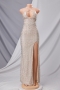 summer solid color sequin embroidered sling backless high slit evening maxi gown_Beige