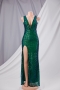 elegant solid color v-neck zip-up sequin embroidered new stylish high split evening maxi gown_Beige_Green