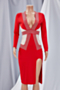 plus size solid color stitching mesh rhinestone deep v-neck s-4xl stretch sexy midi dress_Black_White_Red