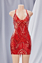 plus size summer sling v-neck sequin backless lace-up micro elastic sexy mini dress_Red