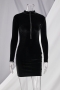 autumn new plus size solid color velvet stretch zip-up casual minimalist bodycon mini dress_Black