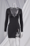 early autumn 3 colors solid color stitching rhinestone sexy stylish stretch mini dress_Black