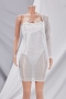 early autumn mesh rhinestone zip-up one shoulder plus size new stylish stretch padded mini dress (with lining)_Black_White