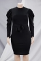 l-4xl autumn solid color stretch puff-sleeve casual midi dress with belt_Black
