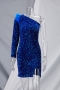autumn new stylish sequined feather one-shoulder slit micro-elastic zip-up plus size multi-layer chain mesh see-through patchwork sexy mini dress_White_Dark Blue
