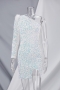 autumn new stylish sequined feather one-shoulder slit micro-elastic zip-up plus size multi-layer chain mesh see-through patchwork sexy mini dress_White