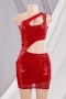 xs-l summer new stylish solid color one-shoulder hollow sequin stretch zip-up sexy mini dress_Black_Rose Red