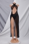 summer new stylish halter neck rhinestone mesh see-through hollow high slit stretch backless plus size sexy maxi dress(with lining)_Black