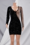 spring new stylish sequin rhinestone hollow see-through v-neck 4 colors patchwork stretch plus size sexy mini dress_Black