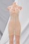 summer new stylish rhinestone tassel sling mesh see-through stretch slim plus size sexy mini dress_Black_Beige