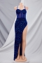 summer new stylish solid color high slit sling mesh patchwork sequins backless stretch plus size sexy maxi dress_Black_Blue