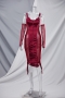 spring new stylish mesh patchwork see-through zip-up slim shirring stretch 4 colors sling sexy midi dress(includes a pair of sleeves)_Black_Rose Red