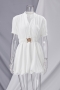 summer new stylish simple solid color orange micro-elastic single-breasted with belt plus size casual mini dress_White