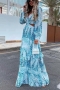 s-3xl summer new 4 colors deep v-neck long sleeve hollow batch printing stretch plus-size maxi dress_Sky Blue