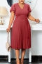 s-3xl summer new plus size 5 colors solid color micro-elastic v-neck zip-up back pleated stylish casual midi dress with belt_Black_Red_Blue_Yellow_Rose Red