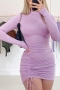 spring & summer new 2 colors solid color stretch high-neck drawstring design lace up shirring bodycon stylish sexy mini dress_Black_Purple