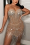 s-2xl summer new plus size two colors see through mesh rhinestone tassel decor stretch padded adjustable straps sexy high quality mini dress (without panties)_Black_Beige