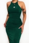 s-2xl plus size summer new 3 colors solid color stretch halter-neck crossed slign lace up shirring high slit shinning backless stylish sexy midi dress_Black_Blue_Green