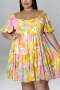 xl-5xl plus size summer new 3 colors tie dye batch printing slight stretch loose pleated casual midi dress_Blue_Pink