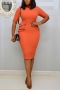 s-5xl  summer new plus size ruffle high stretch short sleeve crew neck slit bodycon stylish sexy midi dress_Blue_Brown_Orange