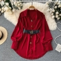 autumn new stylish three colors lapel button long sleeve with belt inelastic casual mini dress_Black_White_Red