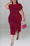 xl-5xl plus size summer new 6 colors stretch stripe printing hollow pocket split casual midi dress_Black_Blue_Brown_Magenta