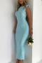 summer new stylish 4-colors solid color backless slight stretch shoulder pad sexy maxi dress_Sky Blue