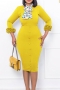 s-3xl plus size autumn new 3 colors ruffle slight stretch three-quarter sleeve single breasted slit zip-up slim stylish classic midi dress (with necktie)_Purple_Dark Green_Yellow