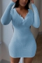 plus size slight stretch 3 colors slim ribbed knit button sexy mini dress_Black_White_Sky Blue