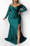 plus size slight stretch 5 colors slit off-shoulder zip-up sexy maxi dress_Black_White_Dark Green