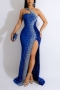sexy plus size slight stretch rhinestone sequins high slit zip-up maxi dress_Black_Blue