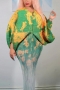 casual non-stretch dolman sleeve printing gradient pleated midi dress_Magenta_Green