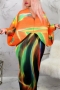 casual non-stretch orange dolman sleeve multicolor printing pleated midi dress_Orange