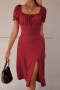 sexy slight stretch polka dots slit shirring midi dress_Black_Rose Red