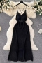 sexy slight stretch solid color ribbed knit padded sling midi dress_Black