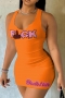 sexy slight stretch 4 colors letter printing sleeveless slim mini dress_Black_White_Orange