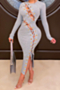 autumn new 4 colors stretch round-neck eyelets lace-up slit sexy elegant dress_White_Black_Beige_Gray
