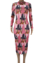 plus size autumn new 3 colors digital print stretch stylish simple midi dress_Multicolor_Lattice_Pink