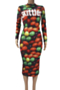 plus size autumn new 3 colors digital print stretch stylish simple midi dress_Multicolor