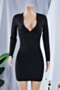 autumn new 3 colors stretch v-neck pleated sexy elegant bodycon dress_Brown_Black