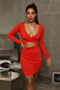 autumn new pure color stretch v-neck hollow pleated sexy bodycon dress_Red