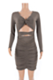 pure color autumn new stretch crossed v-neck hollow pleated sexy elegant bodycon dress_Black_White_Brown