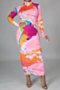 autumn winter new plus size batch map print stretch stylish casual midi dress_Pink