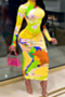 autumn winter new plus size batch map print stretch stylish casual midi dress (new added colors)_Sky Blue_Pink_Orange_Yellow