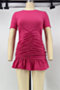 plus size solid color stretch pleated ruffle design stylish casual mini dress_Magenta